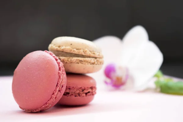 Nabídka růžové a krémové macarons na tmavé kamenné pozadí. — Stock fotografie