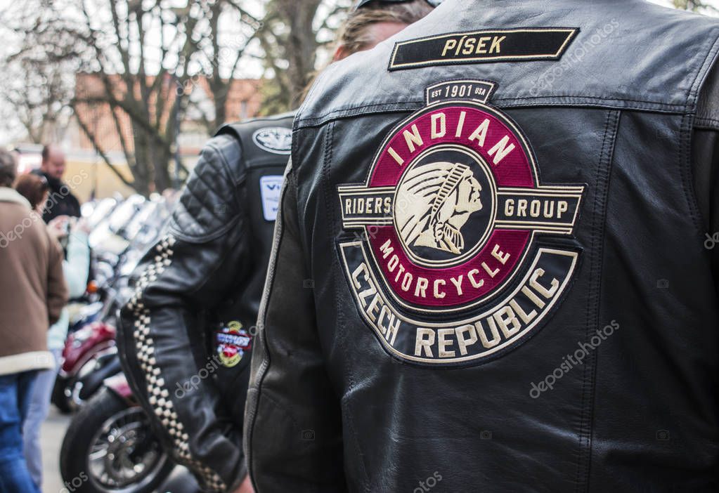 Podebrady, Czech republic - March 31, 2018: Embroidery on the back of a leather biker jacket. Logo of Indian motorcycle riders group, czech republic.