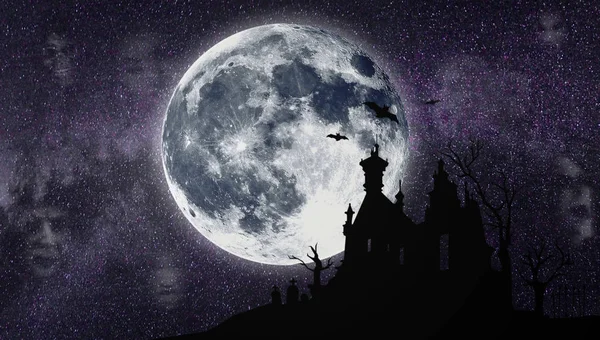 Halloween. Una silueta de la antigua casa sobre el fondo de la luna. Cementerio . — Foto de Stock