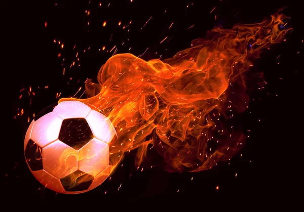 Imagen de pelota de fútbol en llamas de fuego sobre fondo negro — Foto de Stock