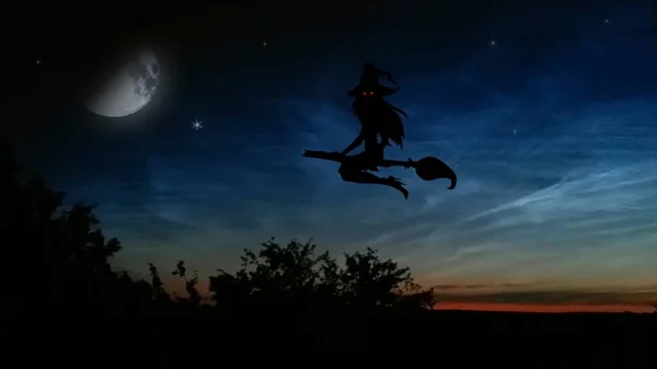 Απόκριες. Η μάγισσα που φέρουν για την σκούπα με το κάψιμο στα μάτια κόκκινο φόντο τον νυχτερινό ουρανό. — Φωτογραφία Αρχείου