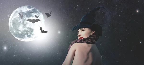 Vrouwelijke portret tegen de achtergrond van de sterrenhemel. Hallowee — Stockfoto