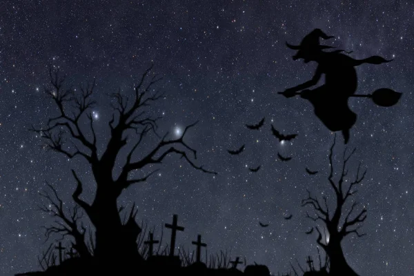 Halloween. La bruja volando en la escoba sobre el fondo del cielo nocturno . —  Fotos de Stock