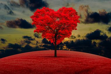 Red heart-shaped tree in the field against the background of a decline. clipart