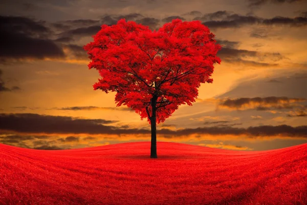 Albero rosso a forma di cuore nel campo sullo sfondo di un declino . — Foto Stock