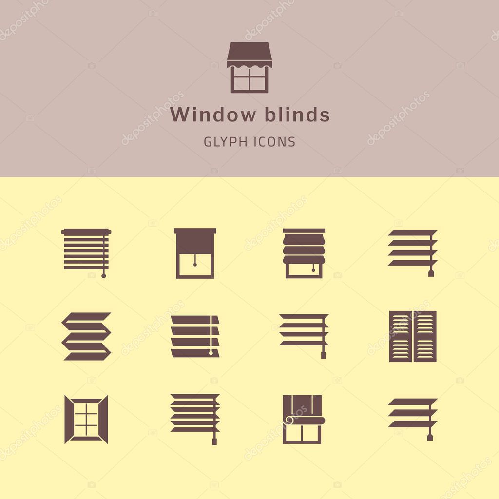 Vector isolated icons set of window blinds vector glyph icons. Window treatments and curtains glyph icons set. Interior design, home decor shop.