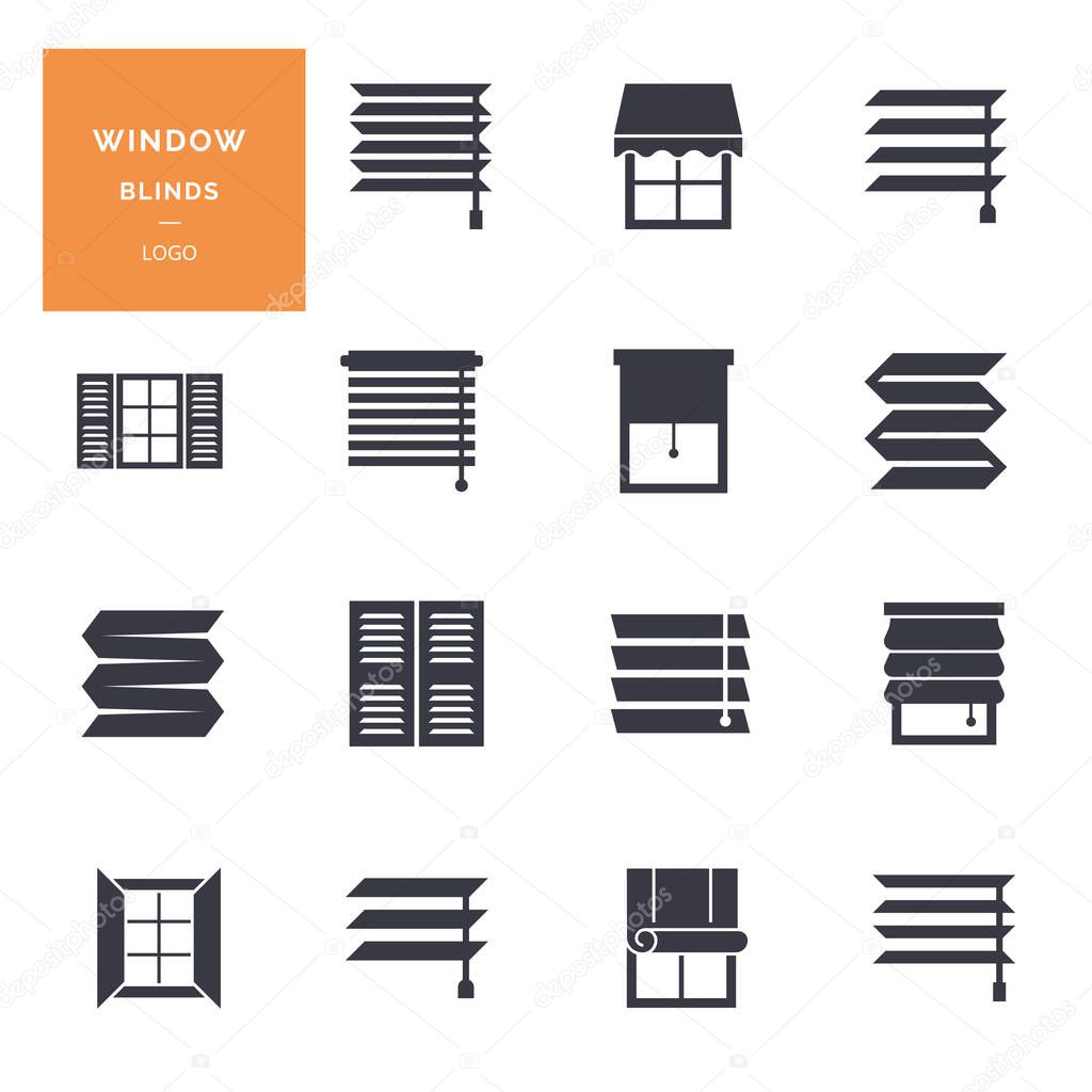 Vector isolated icons set of window blinds vector glyph icons. Interior design, home decor shop. Logotype collection.