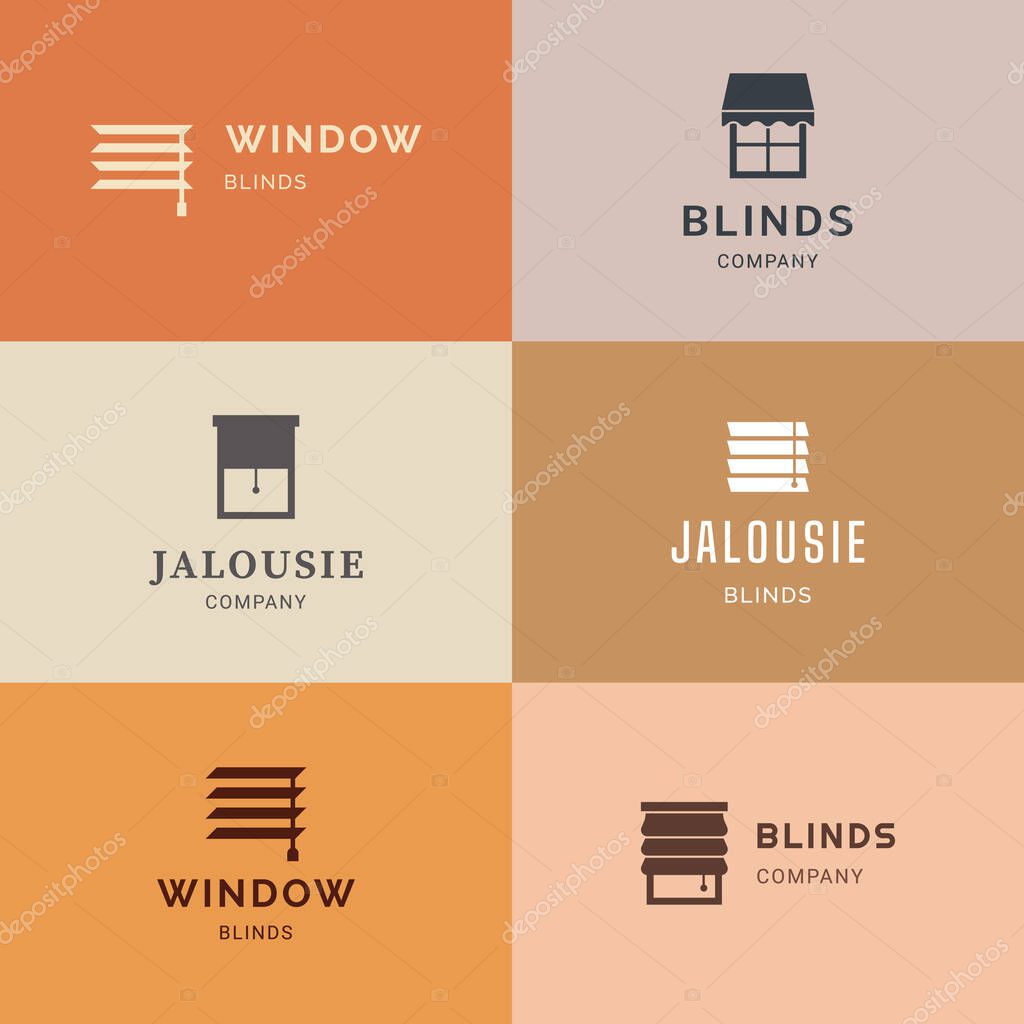 Logotypes set in vector. Vector isolated icons set of window blinds vector glyph icons. Interior design, home decor shop. Logotype collection.