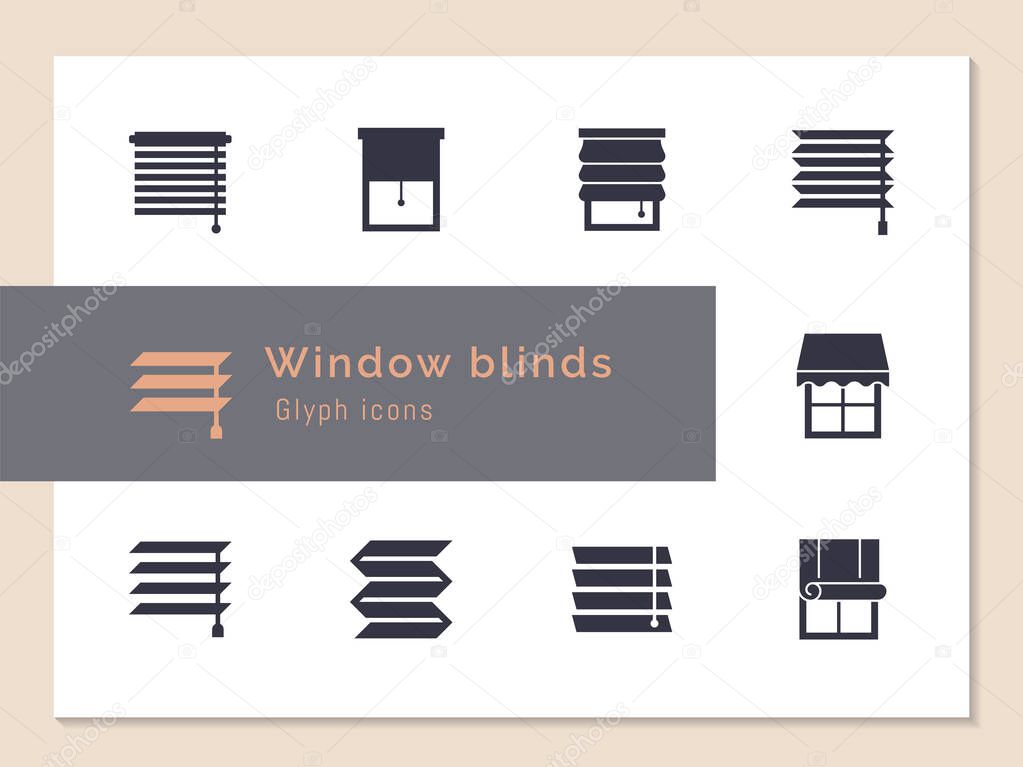 Vector isolated icons set of window blinds vector glyph icons. Window treatments and curtains glyph icons set. Interior design, home decor shop.