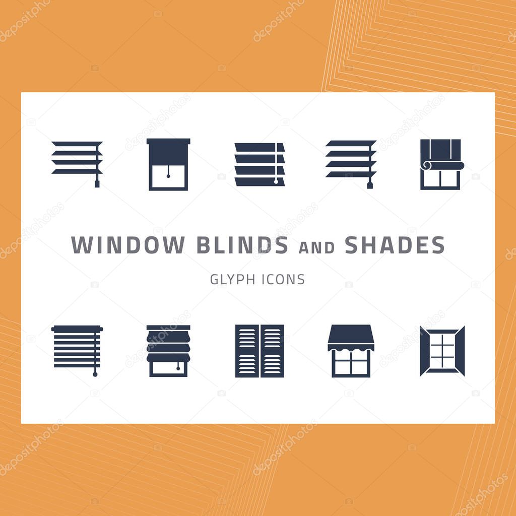 Vector glyph isolated icons set window blinds and shades. Window treatments and curtains glyph icons set. Interior design silhouette signs for house decor shop. Interior design, home decor shop.