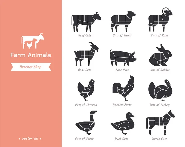 Farm animals silhouettes collection for groceries, meat stores, packaging, and advertising. — Stock Vector