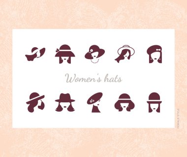 Kadınların şapkaları düz stil simgelerinin grafik koleksiyonu.