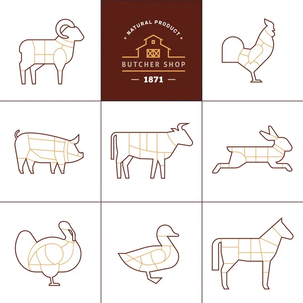 Ustaw schematyczny widok zwierząt dla sklepu mięsnego. — Wektor stockowy
