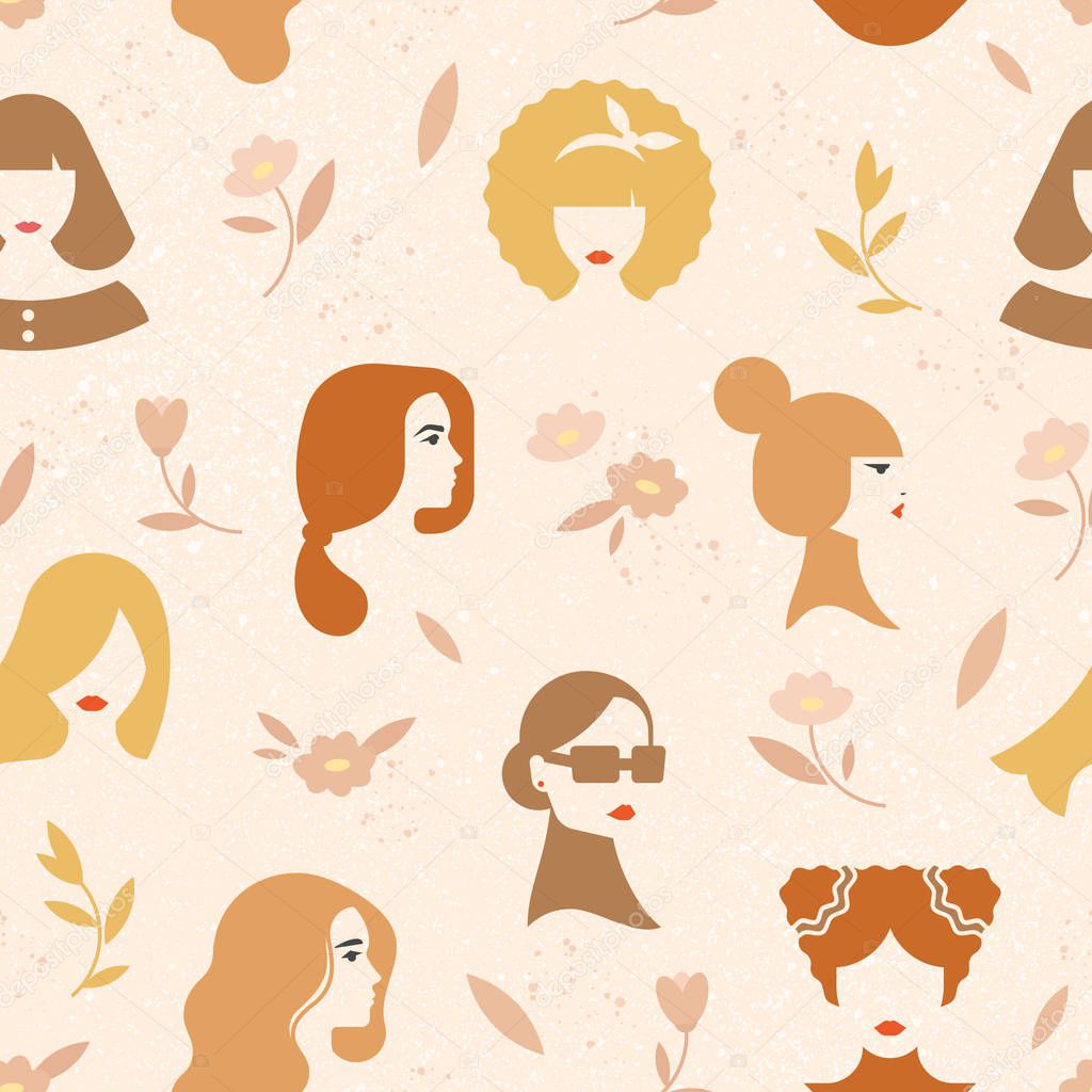 Vector seamless pattern consisting of different colors and women with hairstyles.