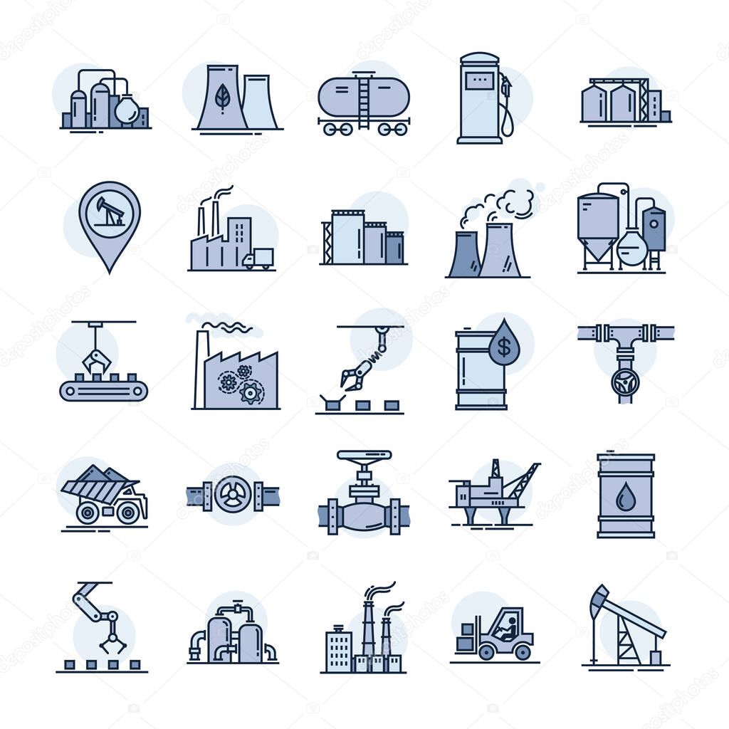 A large vector set of industry icons and production in a linear style.