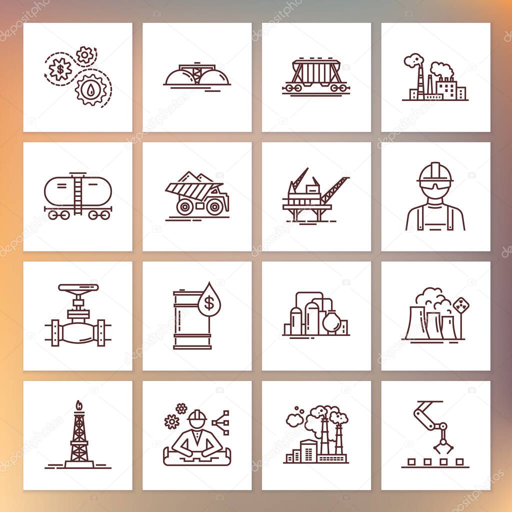 A large vector set of industry icons and production in a linear style.