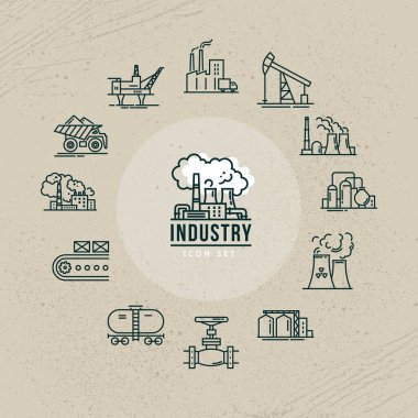 Bir logo veya bilgi grafiği için doğrusal olarak bir dizi endüstriyel vektör simgesi