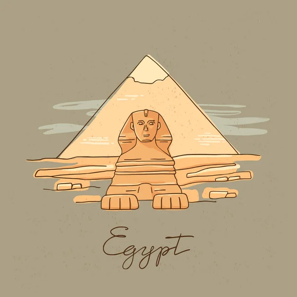 Vector icon of Great Sphinx of Giza isolated on the hand-drawn vector illustration of the pyramids. — Stock vektor