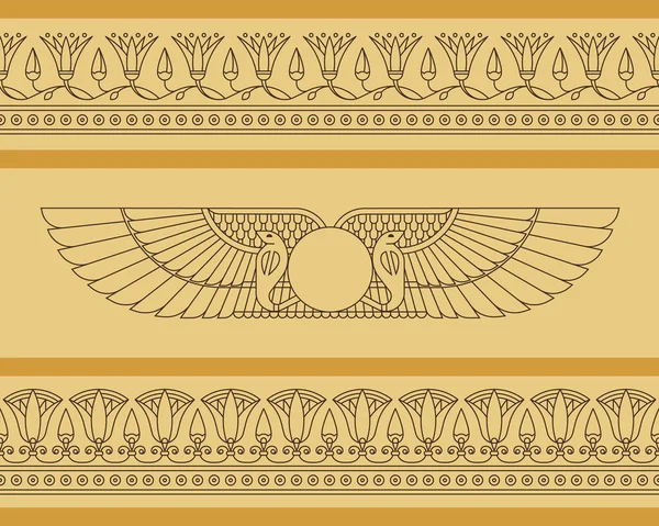 Vector naadloze horizontale patroon van gevleugelde schijf in Egyptische stijl met lotus bloemen — Stockvector