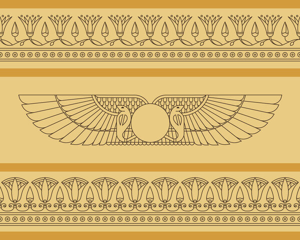 Vector seamless horizontal pattern of winged disk in egyptian style with lotus flowers