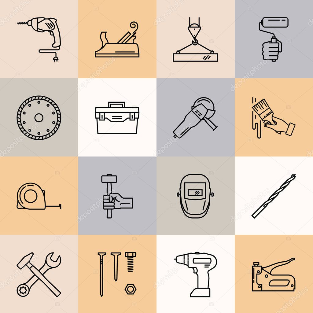 A set of icons of working tools for builders