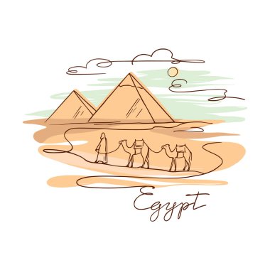 Giza, Sfenks, Mısır piramidinin elle çizilmiş renkli el çizimi vektör çizimleri..