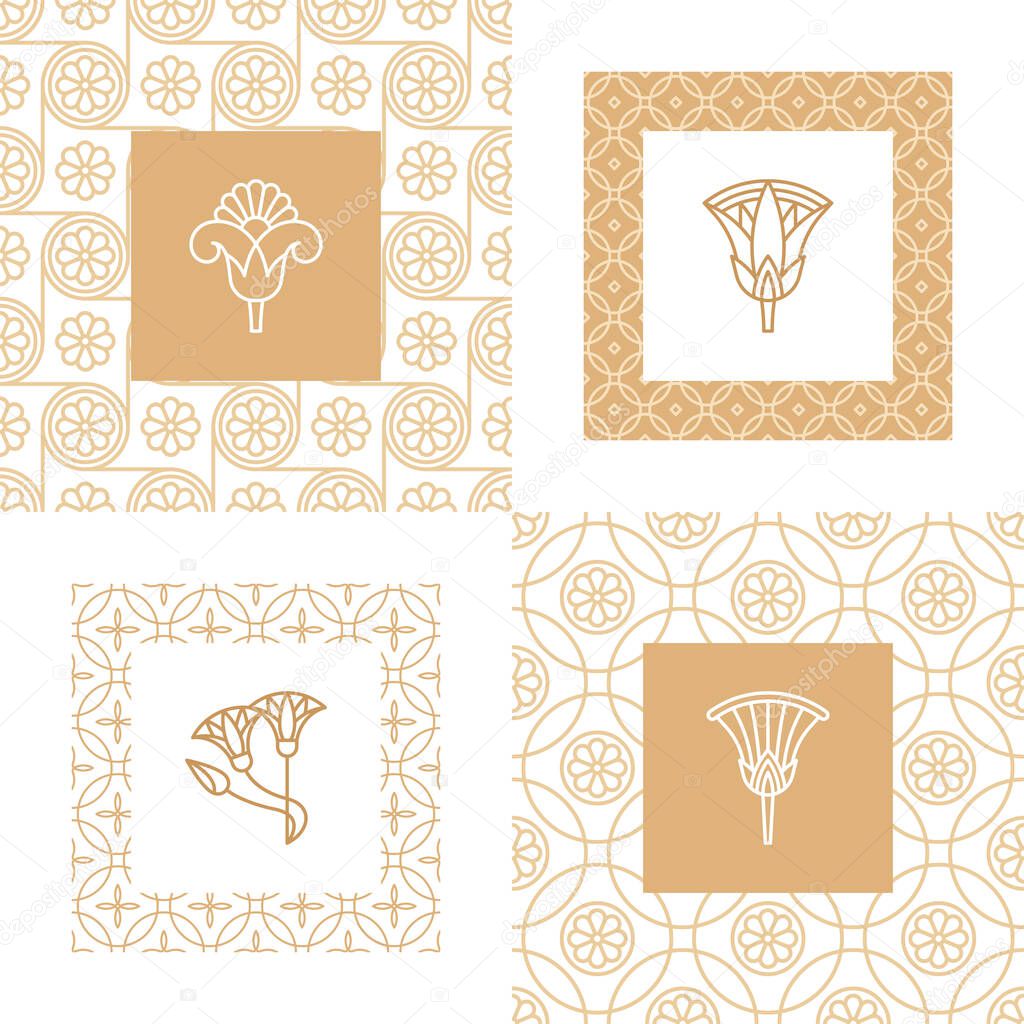 Logos in the form of an Egyptian lotus flower. Vector illustrations in linear style based on Egyptian symbols.