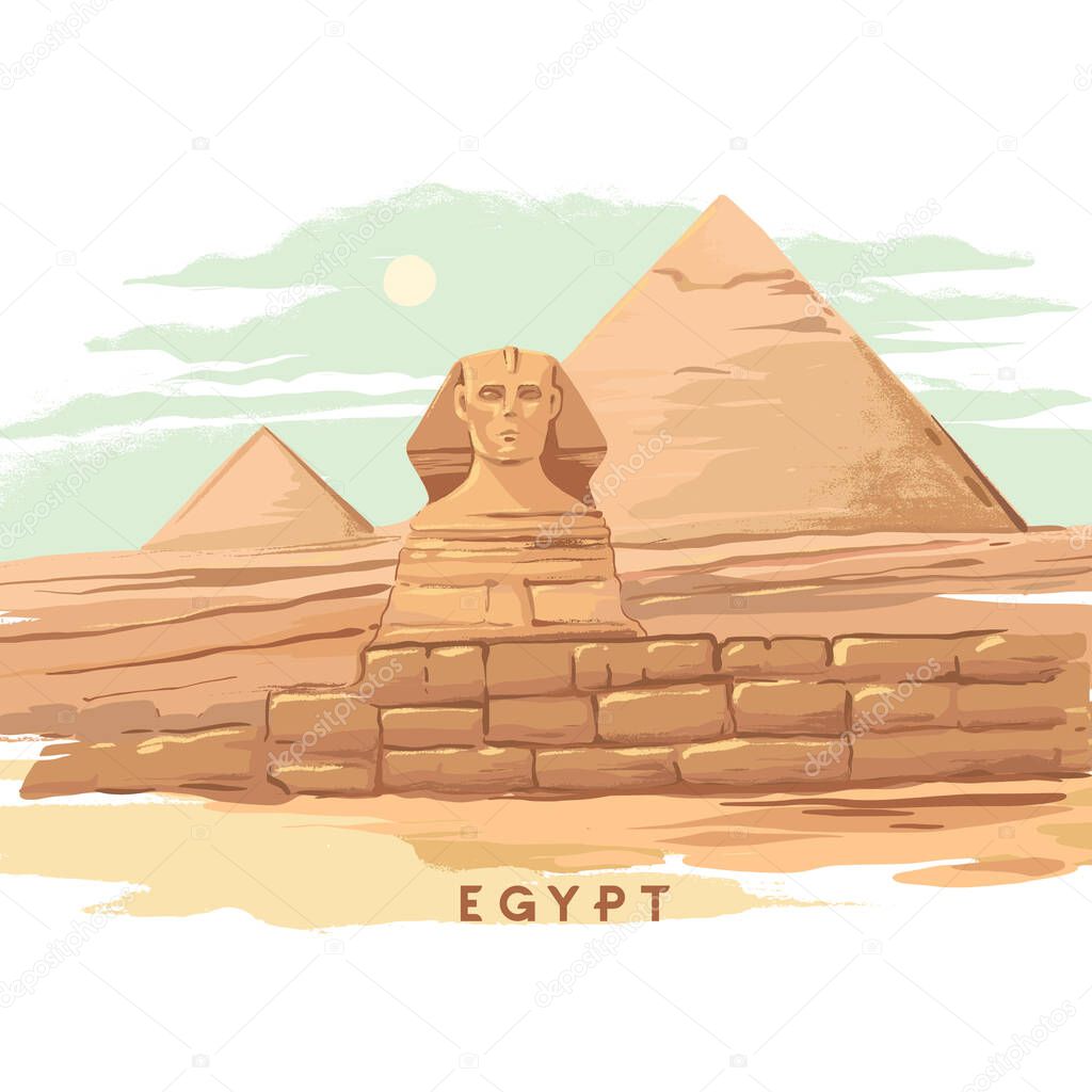 Colorful hand-drawn vector illustrations of the pyramid of Giza, Sphinx, Egypt hand-drawn in a white background.