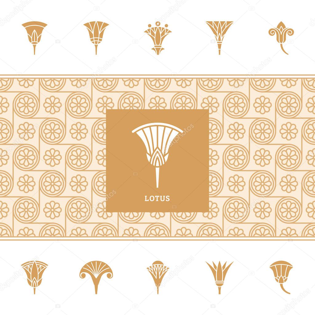 Logos in the form of an Egyptian lotus flower. Vector illustrations in linear style based on Egyptian symbols.