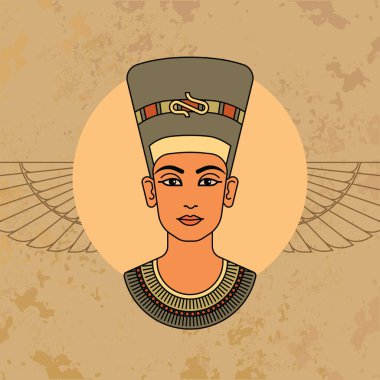 Mısır Kraliçesi Nefertiti profilinin renkli bir görüntüsü arka planda izole edilmiş..