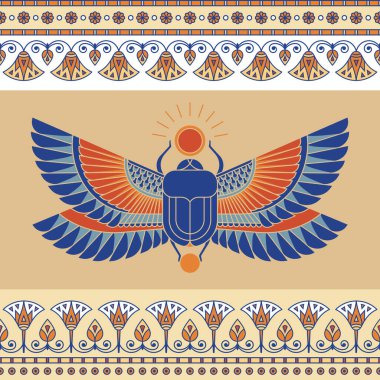 Mısır Böceği 'nin renkli çizimi, Tanrı Hepri' yi kusursuz yatay kalıplarla kişileştiriyor.. 