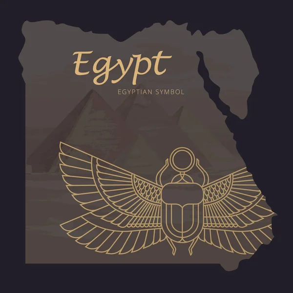 Carte vectorielle de l'Egypte avec une illustration de fond des pyramides et l'image d'un scarabée avec le soleil dans ses pattes . — Image vectorielle