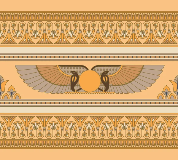 Símbolos del antiguo sol alado de Egipto con patrón horizontal sin costuras lotos para motivos egipcios — Archivo Imágenes Vectoriales
