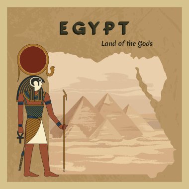 Eski Mısır tanrısı Ra, Mısır haritasının arka planına piramitlerle resim yaptı..