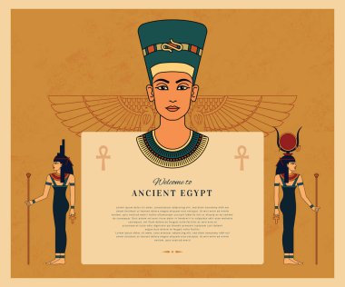 Metin ve Mısır iyiliğinin şablonu. Isis, Hathor, Kraliçe Nefertiti ve Mısır kanatlı güneşi..