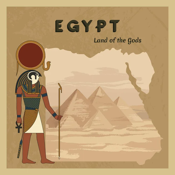 Der altägyptische Gott Ra malte vor dem Hintergrund der Landkarte Ägyptens mit Pyramiden. — Stockvektor