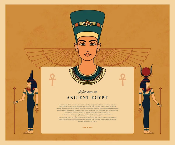 Vorlage mit Platz für den Text und ägyptische Güte Isis, Hathor, Königin Nofretete und ägyptische geflügelte Sonne. — Stockvektor