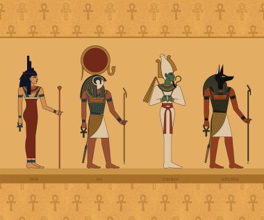 Illustrations of the gods of ancient Egypt. Isis, Ra, Osiris and Anubis. clipart