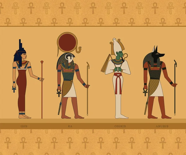 Illustrations des dieux de l'Egypte ancienne. Isis, Ra, Osiris et Anubis . — Image vectorielle