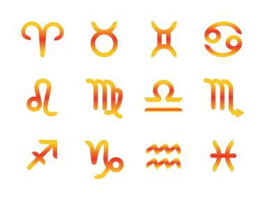 Turuncu zodyak simgeleri, beyaz arka plan üzerinde düz simgeler kümesi
