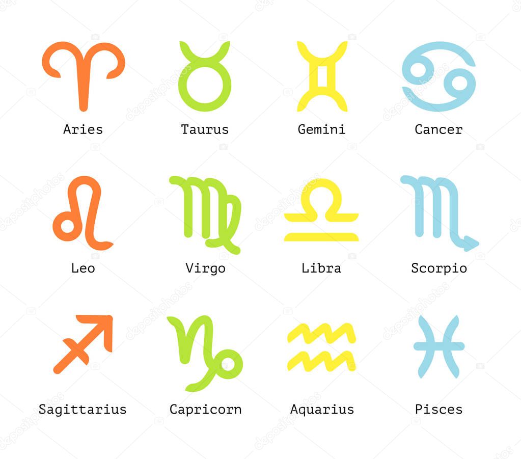 Color set of zodiac symbols, flat icons on the white background