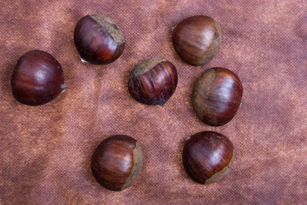 Algunas castañas sobre fondo de tela marrón con hojas y crudo Sh — Foto de Stock