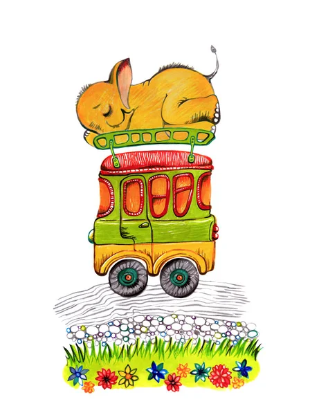 Ręcznie malowane Flamaster rysunek na białym tle: spanie wzruszający słoniątka na dachu autobusu śmieszne. — Zdjęcie stockowe