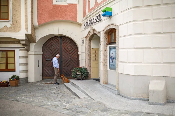 Пожилой человек с собакой в здании Сбербанка. Село Вайсенкирхен, Нижняя Австрия . — стоковое фото
