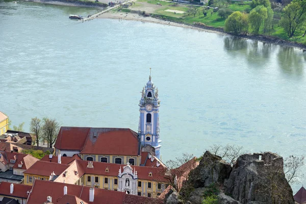 Aerial view of the medieval monastery Duernstein on the river Danube in the Wachau valley. Lower Austria — Stock Photo, Image