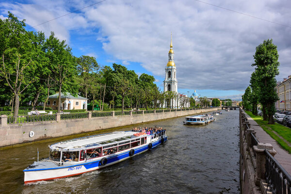 View of the embankment of the Krjukov canal and the belfry of St. Nicholas Cathedral. Saint Petersburg, Russia.