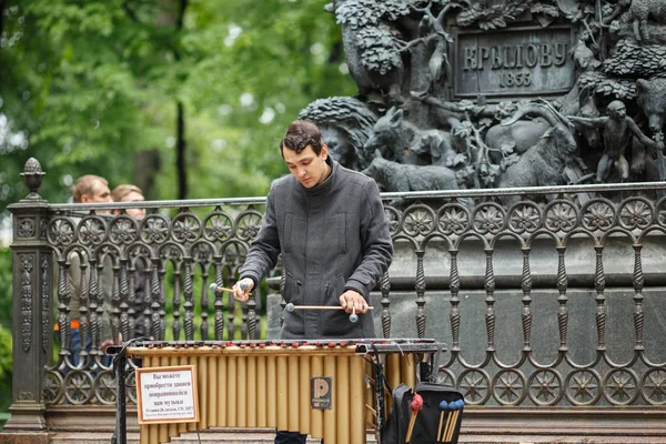 夏天花园里洛夫纪念碑附近玩色铁琴 (metallophone) 的街头音乐家。圣彼得堡，俄罗斯. — 图库照片