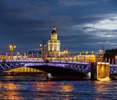 Neva Nehri, Palace bridge ve Kunstkamera Müzesi Vasilevski adada gece manzarası. Saint Petersburg, Rusya Federasyonu