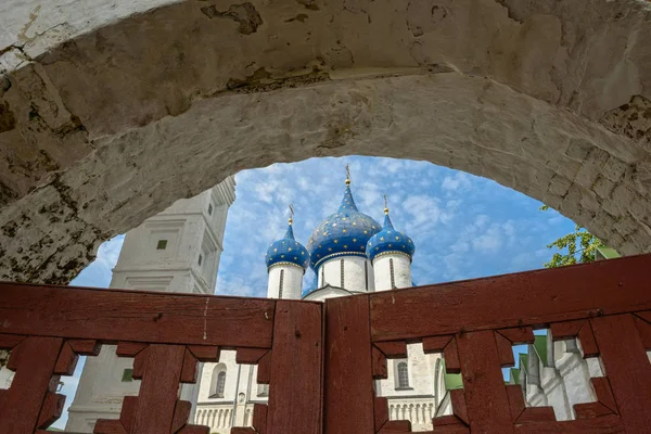 Suzdal Kremlin: doğuş Katedrali için eski ahşap kapı ile görüntüleyin. Suzdal, Vladimir Bölgesi, Rusya Federasyonu. — Stok fotoğraf