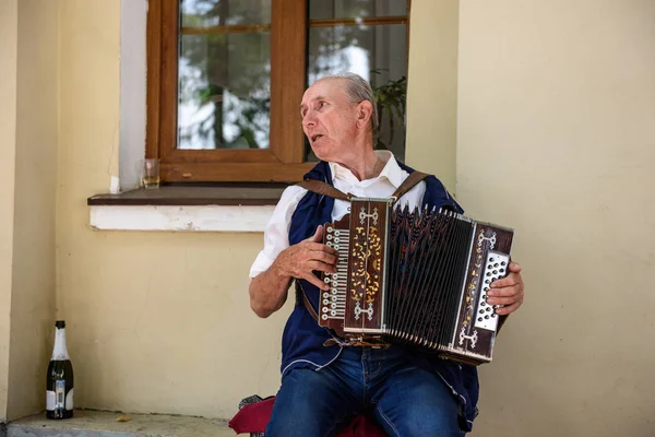 En ældre mand spiller den russiske harmonika foran registerkontoret. Suzdal, Rusland . - Stock-foto